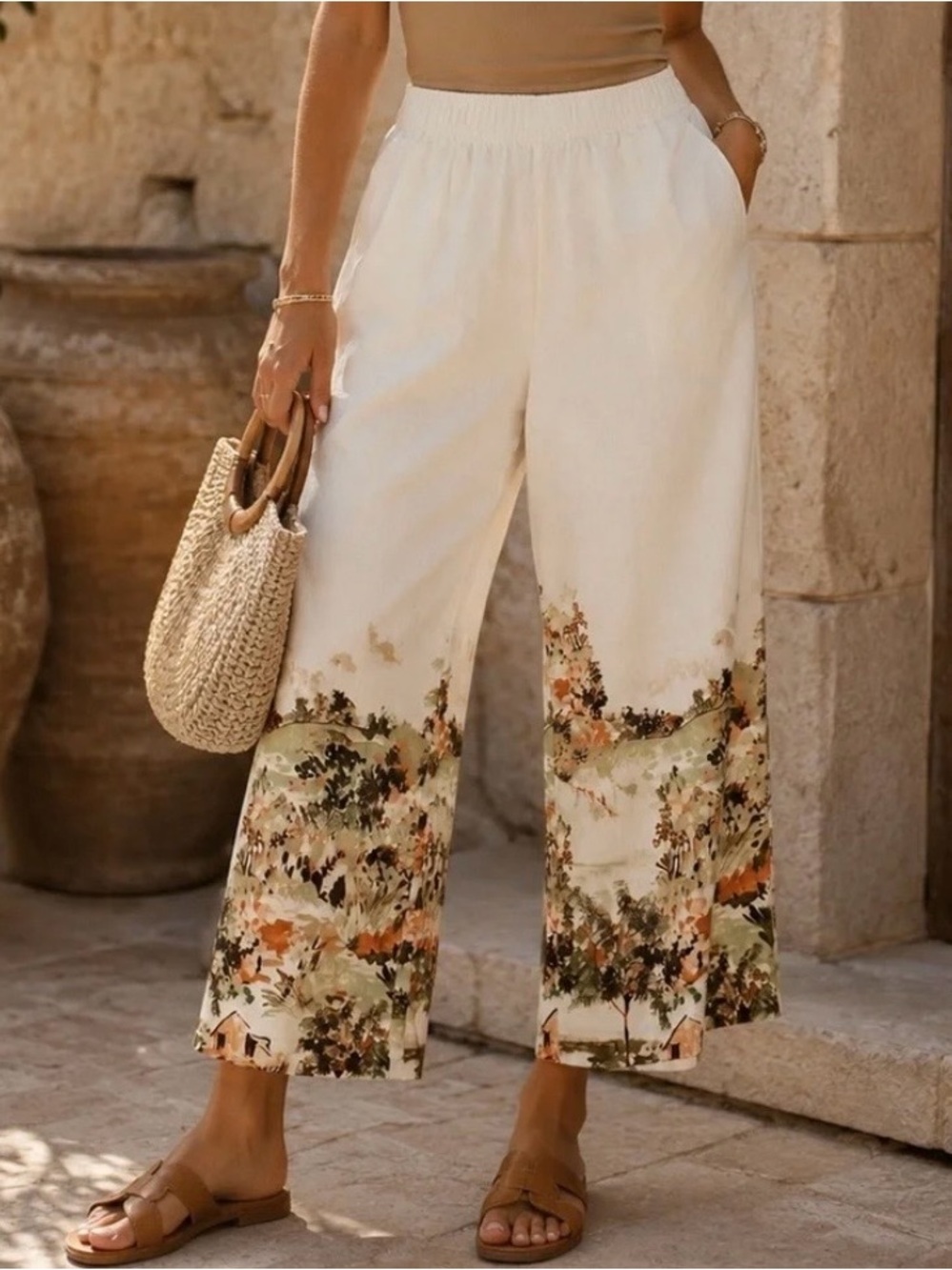 Tahari 100% Women’s Linen White Pull On Wide Leg Pants Pastel Watercolor Scene M - Picture 2 of 10